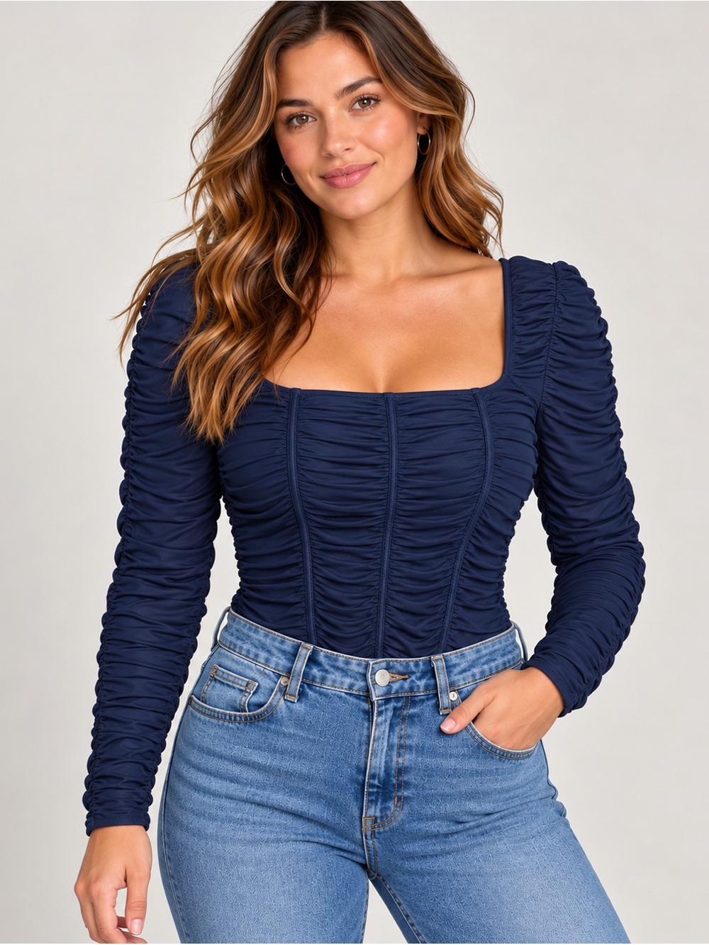 Zara Navy Ruched Square-Neck Long Sleeve Crop Top
